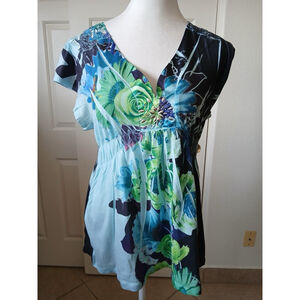 Energe Word Wear Floral Blouse Top Short Sleeve Crochet V-Neck Blue Petite Large